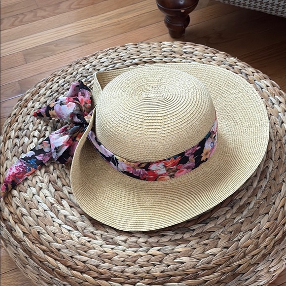 Tan Straw Sun Hat with Wide Brim and Decorative Floral Scarf Band - Picture 1 of 9